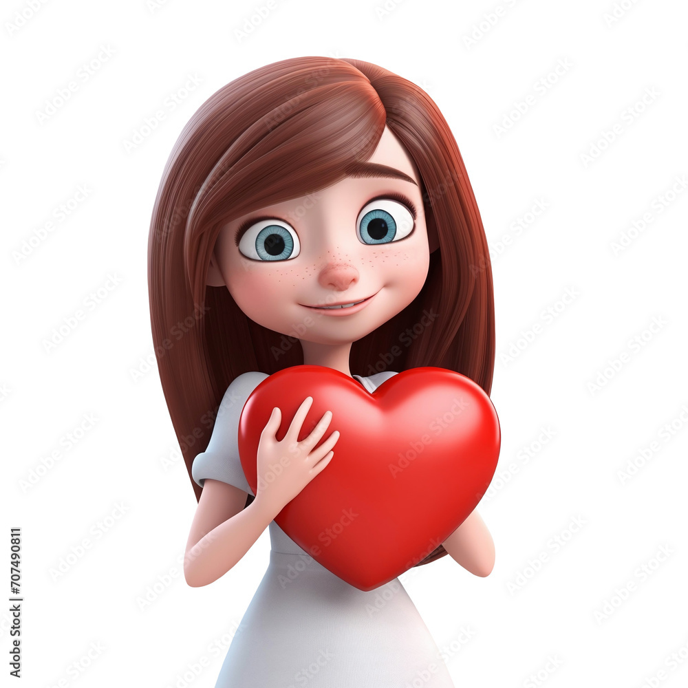 Cartoon girl holding a big red heart isolated on transparent background. Happy Valentine's day. Copy space. PNG Cartoon girl holding a big red heart isolated on transparent background. Happy Valentine's day. Copy space. PNG