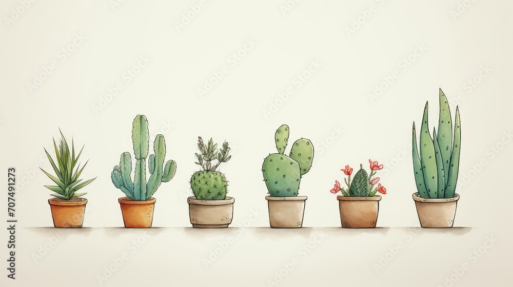 A watercolor style, minimal cartoon illustration of different cactuses, green, craft paper. A watercolor style, minimal cartoon illustration of different cactuses, green, craft paper.