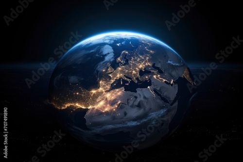 An image of Earth seen from space  clearly showing the division between the illuminated part and the part in darkness. This image would highlight the rotation of the Earth -  generative ai