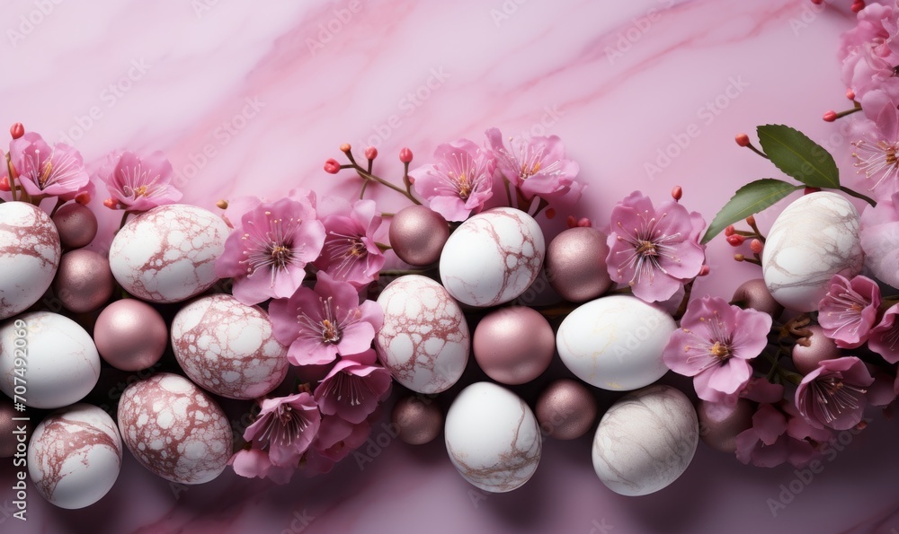 Easter banner with eggs and flowers on purple background with empty space generated AI Easter banner with eggs and flowers on purple background with empty space generated AI