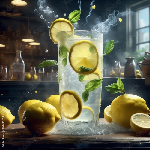 Fresh lemonade lemon juice in studio lighting and background, cinematic drink photography for ads