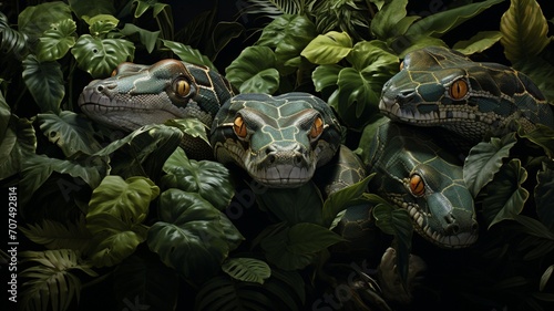 Intertwined anacondas resting in a shaded corner of the jungle, their sinuous forms creating a captivating pattern -Generative Ai
 photo