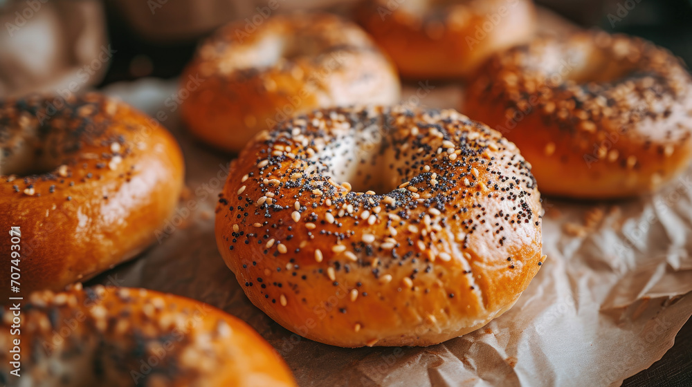 Poppy seed bagels with cream cheese on parchment paper
Poppy seed bagels with cream cheese on parchment paper