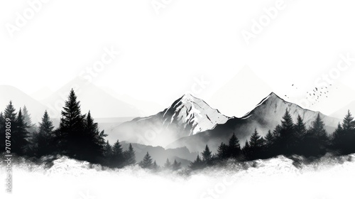 A Black and white mountain range  landscape  tree symbols  stencil vector illustration.