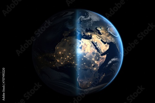 An image of Earth seen from space  clearly showing the division between the illuminated part and the part in darkness. This image would highlight the rotation of the Earth -  generative ai