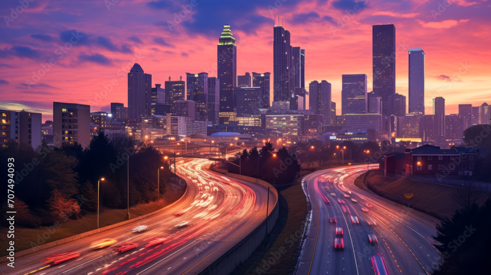Cityscape at dusk with highways