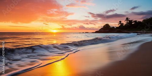 Golden sunset casting a warm glow on a tranquil beach