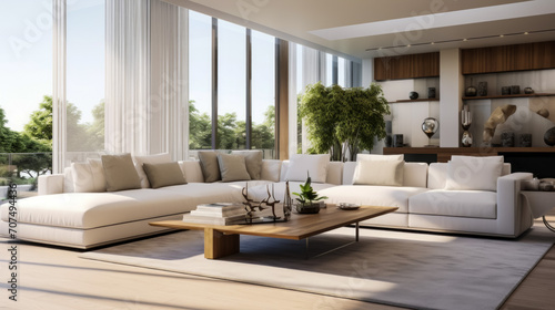 Modern living room with white sofa and coffee table. 3d render