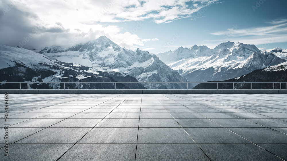 Square concrete floor with amazing winter snow mountain landscape - obrazy, fototapety, plakaty 