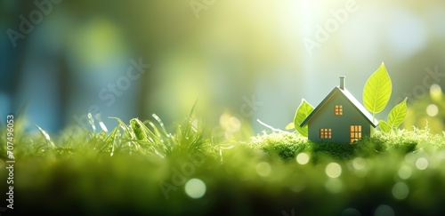 A miniature house in the photo has a background of blurred green leaves. generative AI