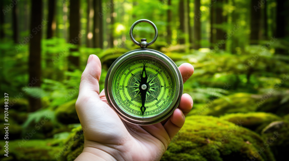 Girl holding the compass. Hands of teenager girl holding compass. Green grass background. Copy space. Orienteering on the ground. Selecting direction