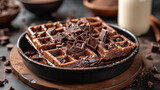 Chocolate Waffles in a black baking pan and milk in the background
