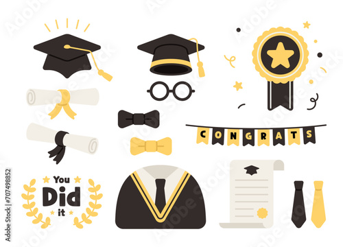 Graduation day vector icon set of celebration elements in flat design