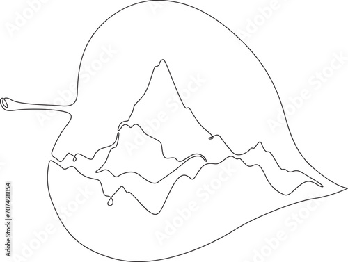 Mountain landscape on a tree leaf. High mountains. Mountain peak. Double exposure. Picture in picture.Continuous one line drawing. Lineart vector illustration.