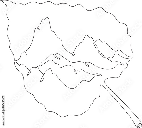 Mountain landscape on a tree leaf. High mountains. Mountain peak. Double exposure. Picture in picture.Continuous one line drawing. Lineart vector illustration.