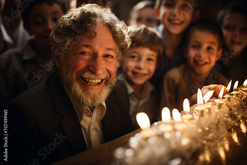 A Jewish bar mitzvah ceremony, with a young boy being called to the Torah in a synagogue filled with family and friends, capturing the cultural significance and joyous occasion Fototapet