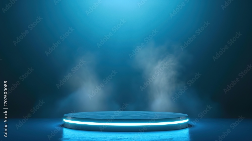 Scene with display podium. Template for products presentation, promotion or award ceremony. Realistic circular pedestal illuminated by spotlights on blue background with smoke Scene with display podium. Template for products presentation, promotion or award ceremony. Realistic circular pedestal illuminated by spotlights on blue background with smoke