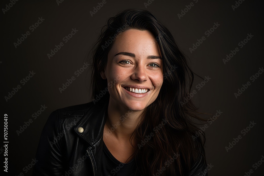 Portrait of a beautiful young woman smiling on a dark background. Portrait of a beautiful young woman smiling on a dark background.