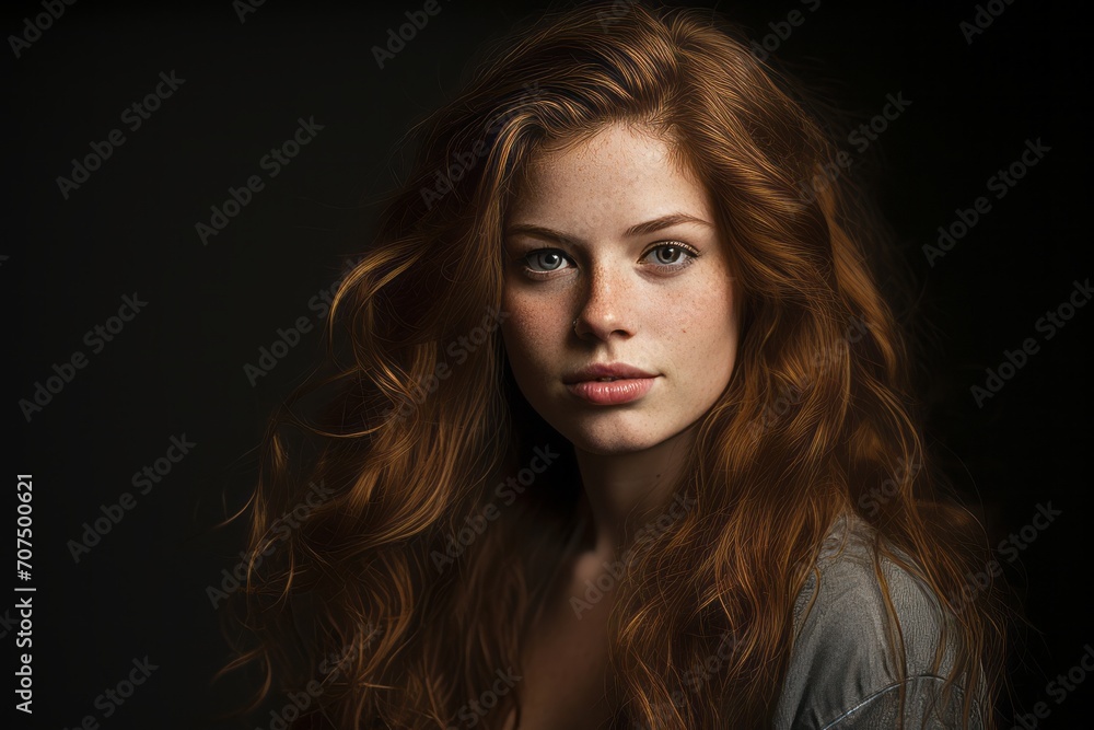 Portrait of a beautiful young redhead woman. Studio shot.