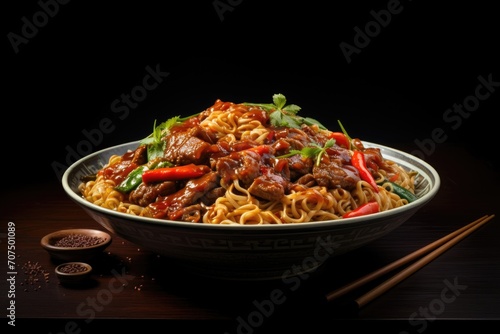 Chinese Noodles with beef and vegetables.