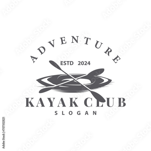 Kayak logo canoe paddle wild adventure river design vector illustration vintage style