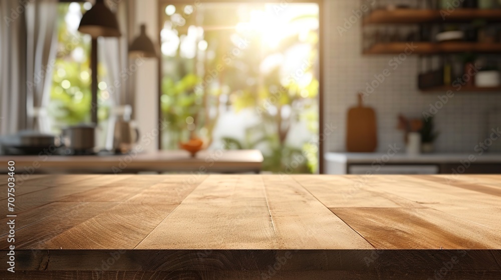 Beautiful empty brown wooden table top and blurred defocused modern kitchen interior background with day light flare, product montage display Beautiful empty brown wooden table top and blurred defocused modern kitchen interior background with day light flare, product montage display