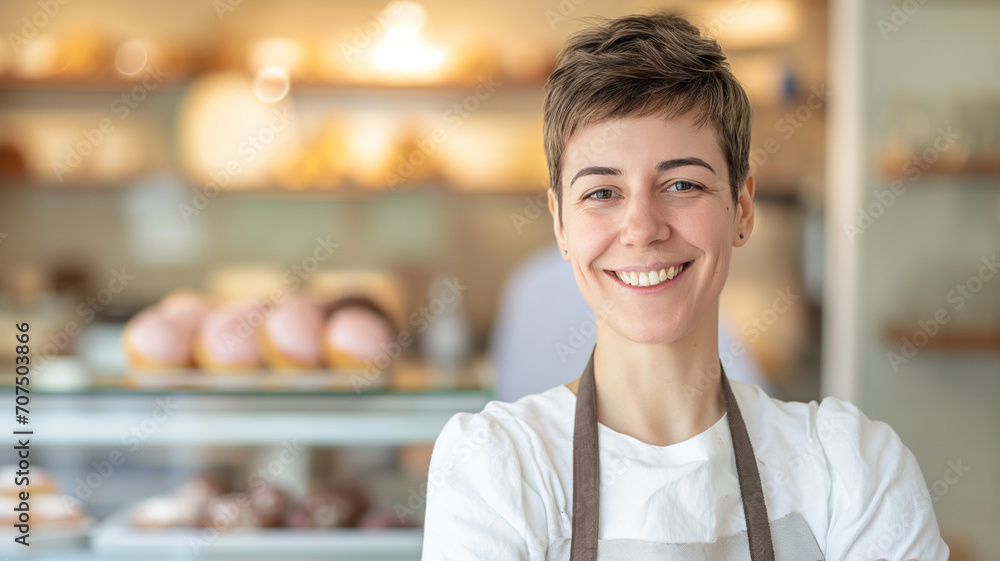 Smiling woman posing at a doughnut shop looking at the camera Smiling woman posing at a doughnut shop looking at the camera