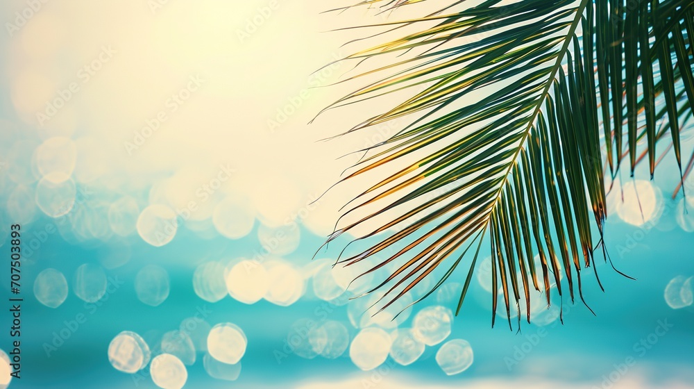 Beautiful nature green palm leaf on tropical beach with bokeh sun light wave abstract background. Copy space of summer vacation and business travel concept. 