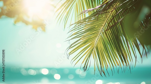 beautiful nature green palm leaf on tropical beach with bokeh sun light wave abstract background. Copy space of summer vacation and business travel concept