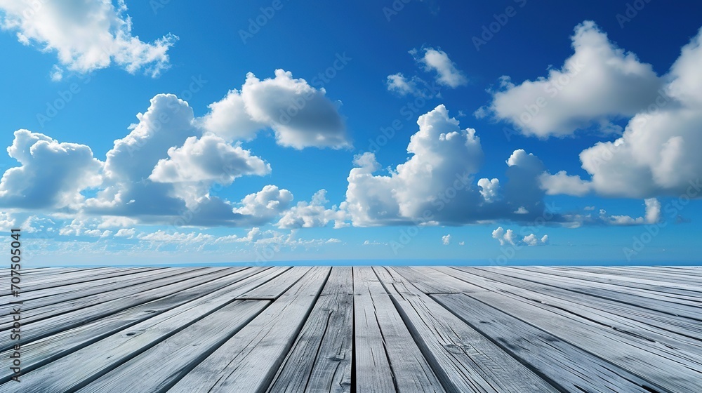 blue sky with clouds and wood planks floor background blue sky with clouds and wood planks floor background