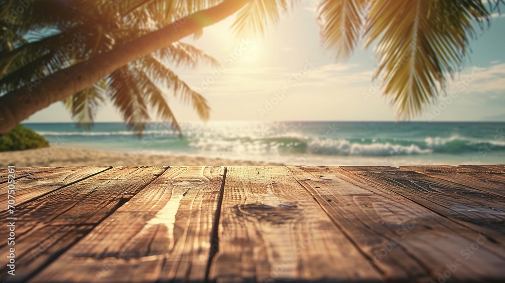 Blur tropical beach with bokeh sun light wave and palm tree on copy space empty old wood table abstract background. Product presentation  - obrazy, fototapety, plakaty 