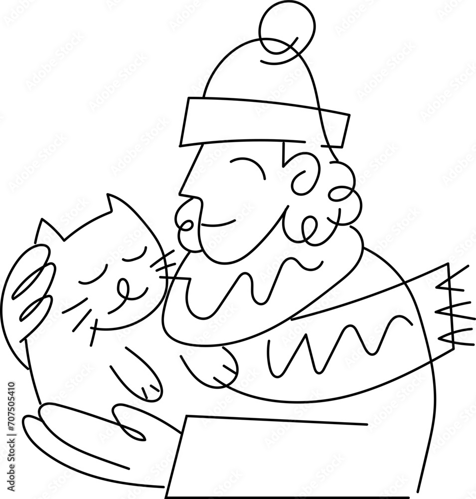 Mens Wear Winter Clother Hugging a Cat Line Art Illustration Mens Wear Winter Clother Hugging a Cat Line Art Illustration
