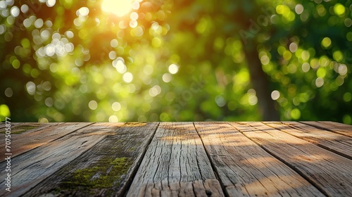 Brown wood plank board with blurred green nature background. Old vintage style