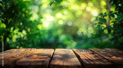 Brown wood plank board with blurred green nature background. Old vintage style