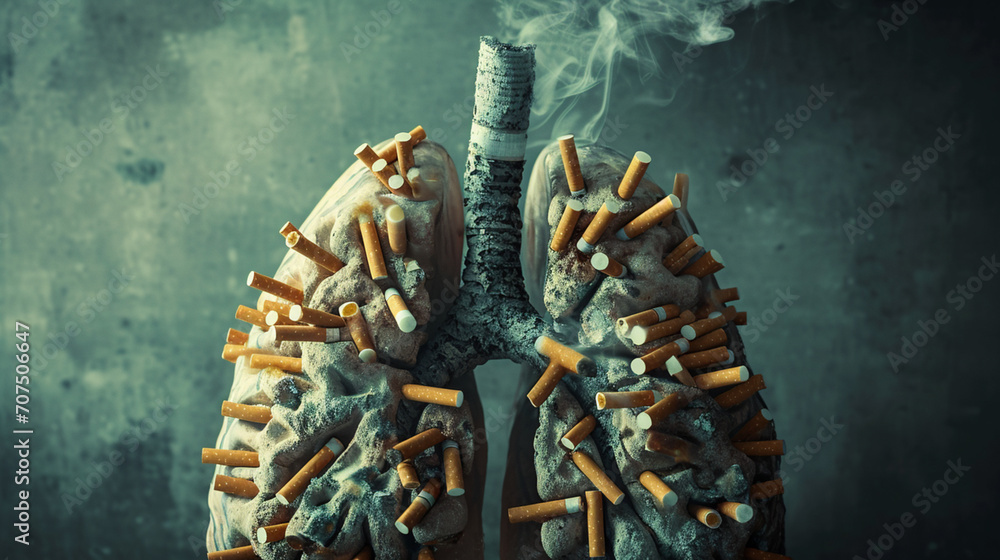 Health concept of a lung transformed into a cigarette-filled organ, vividly conveying the harmful impact of smoking. Powerful no-smoking message campaign - obrazy, fototapety, plakaty 