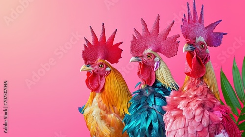Creative animal concept. Rooster bird in a group, vibrant bright fashionable outfits isolated on solid background advertisement, copy text space. birthday party invite invitation banner