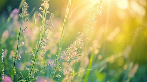 closeup of flowering grasses in an idyllic sunny green meadow on abstract blurred background