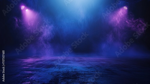 Dark empty street  dark blue background  an empty dark scene  neon light  spotlights The asphalt floor and studio room with smoke float up the interior texture