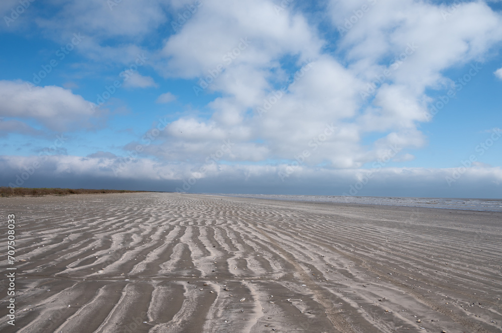 Naklejka premium A sandy beach under a blue sky dotted with white clouds.