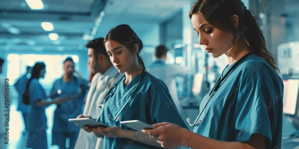 group of young nurse and doctors working tablet computer together group of young nurse and doctors working tablet computer together