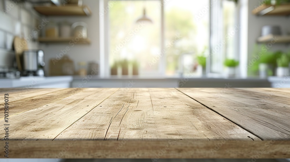 Empty Beautiful wood table top and blur bokeh modern kitchen interior background in clean and bright Empty Beautiful wood table top and blur bokeh modern kitchen interior background in clean and bright
