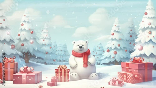 christmas decoration with tree snowbear and gift. winter snow background. holiday background. seamless looping overlay 4k virtual video animation background  photo