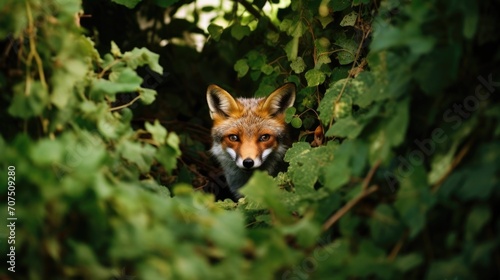 A red fox peeking out from a dense hedgerow, a common feature on farms with mixed habitats that act as corridors for wildlife movement and protection.