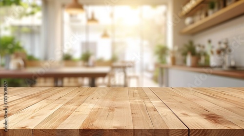 Empty beautiful wood table top counter and blur bokeh modern kitchen interior background in clean and bright
