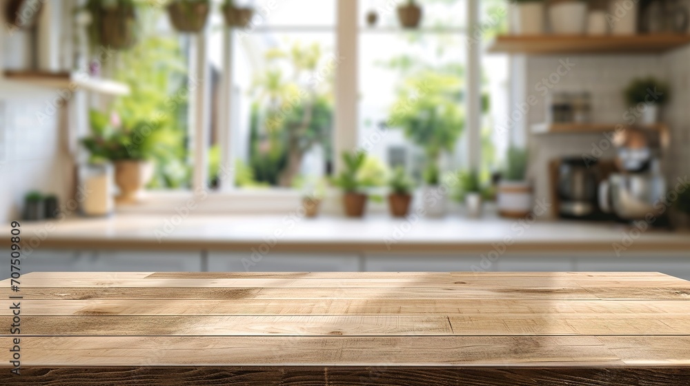 Empty lovely wood table top counter and blur bokeh modern kitchen interior background, clean and bright Empty lovely wood table top counter and blur bokeh modern kitchen interior background, clean and bright