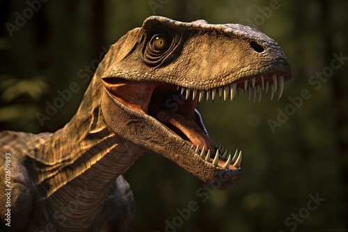 3D rendered image of a velociraptor dinosaur. Generative AI