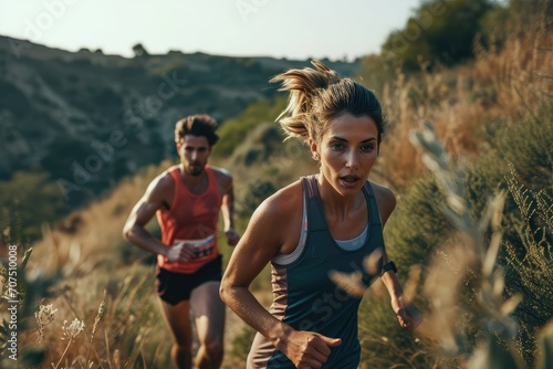 Young couple in athletic gear, deeply focused as they tackle a steep hill, their determination evident as they push each other to succeed in marathon training outdoors.
