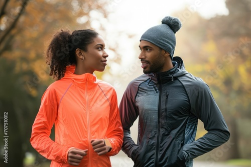 Young couple pausing for a moment during their outdoor marathon training, sharing a look of encouragement and understanding, a testament to their mutual support and fitness goals.