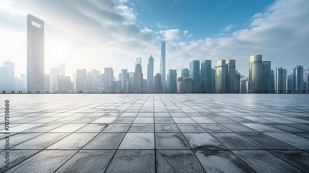 Empty square floor and city skyline with building background Empty square floor and city skyline with building background