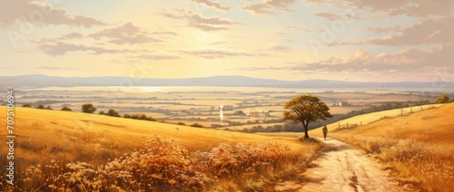 Painting of Dirt Road Cutting Through Field Surrounded by Beautiful Landscape